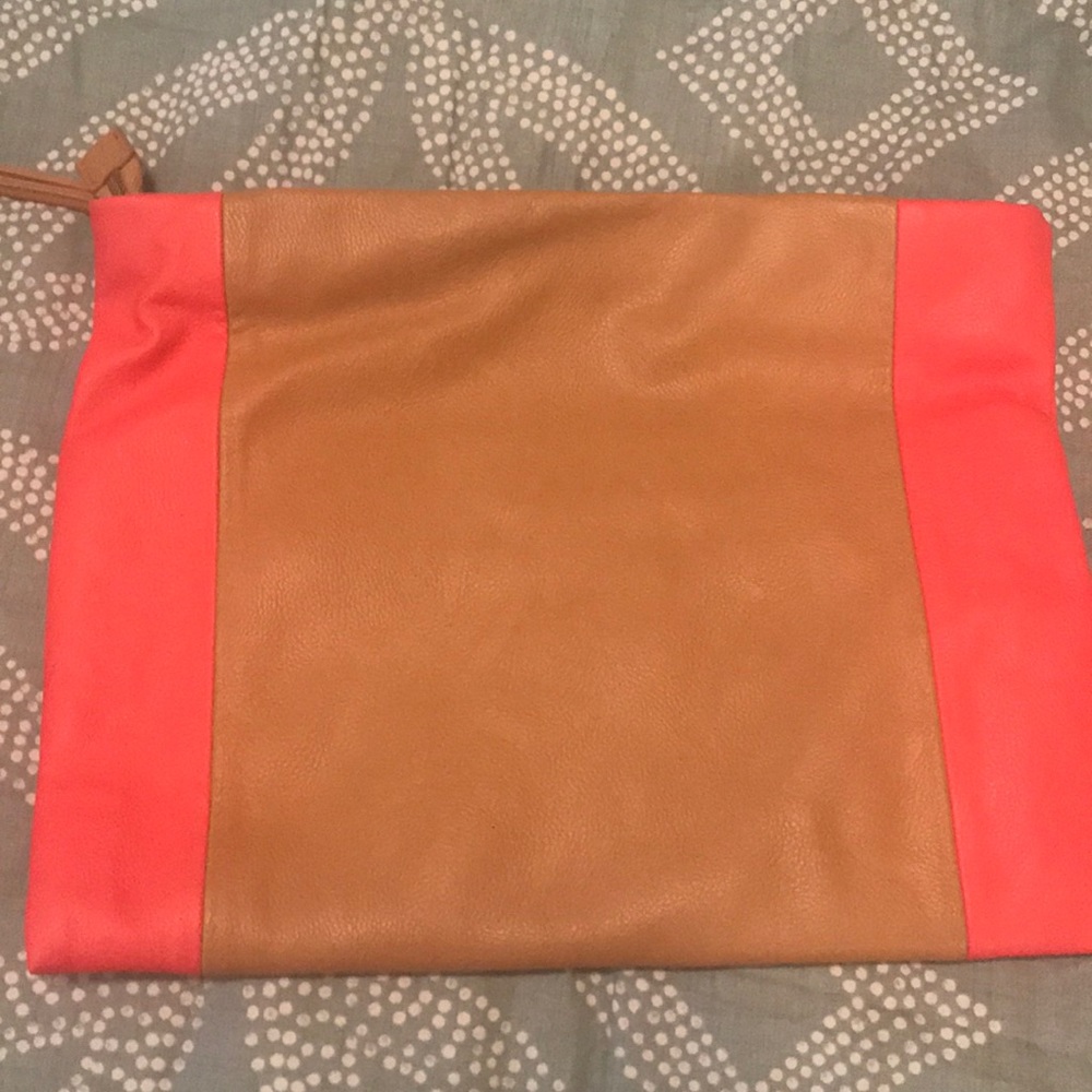 Brown/coral leather clutch